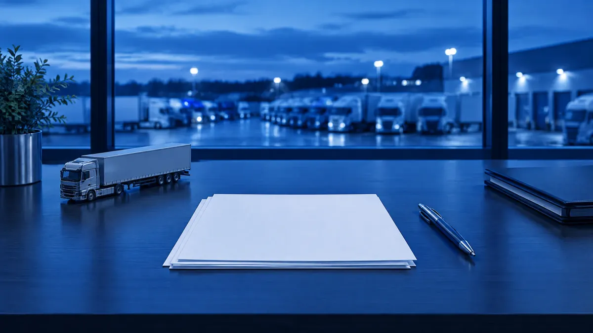 Escritorio con hojas en blanco, un bolígrafo y un camión a escala, con un patio de flota visible por la ventana