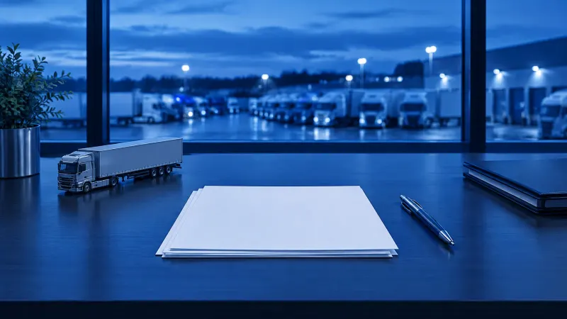 Escritorio con hojas en blanco, un bolígrafo y un camión a escala, con un patio de flota visible por la ventana