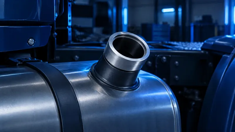 Boca de llenado de aluminio de un tanque de diésel de camión, vista de cerca en un taller con luz azul